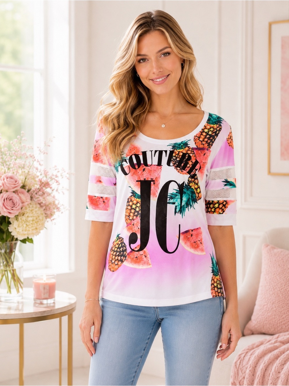 Juicy Couture Pink Tropical Graphic Tee JC Logo Pineapple Watermelon Top NWT M